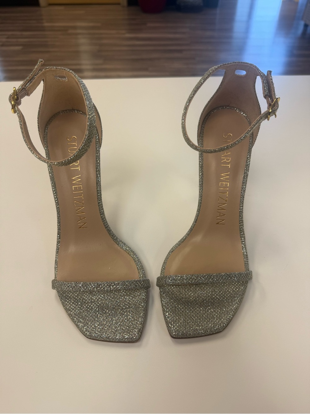 Stuart Weitzman Silver Glitter Open-Toe Ankle Strap Heels